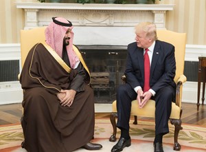 President Donald Trump speaks with Mohammed bin Salman bin Abdulaziz Al Saud, Crown Prince of Saudi Arabia, during a meeting Sunday, March 18, 2018, in the Oval Office.