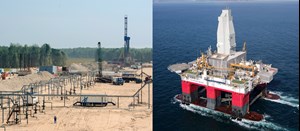 Well pads (left) illustrate ongoing oil development at Palyanovskoye field in the Khanty-Mansiysk Autonomous Region, on the West Siberian plain. Photo courtesy of Gazprom Neft. The Polyarnaya Zvezda (Polar Star) drilling rig (right) being transported to Kirinskoye field, offshore Sakhalin Island. Photo courtesy of Gazprom.