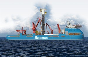 The HuisDrill 12000 drillship with 150-ft risers and unique 400-mt hybrid boom crane for handling 20-mpsi subsea BOP (SSBOP) stacks and lower marine riser packages (LMRP).