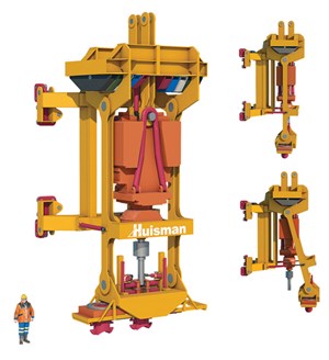 The unique drilling side traveling block&#x2F;top drive arrangement, showing the load path re-routed around the  top drive.