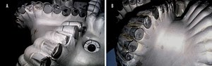 At left is the bit after drilling with a standard reference system. The photo on the right reflects about twice the drilling time, and also an overload test with an AST tool in the same rock. The bits are of identical design, and both started out as new.