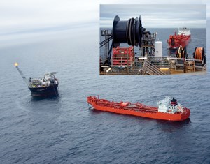 Fig. 1. A supply ship takes up cable from a production platform during the decommissioning process.