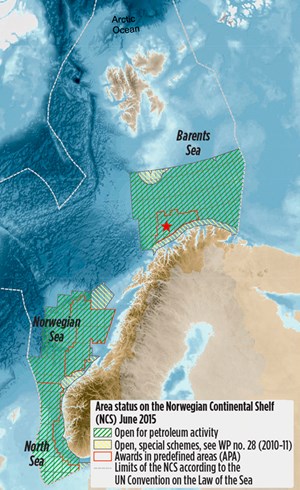 Fig. 1. Geographical map of northern Europe with outcrop of the Norwegian Continental Shelf. The star indicates Goliat field. Image: NPD.