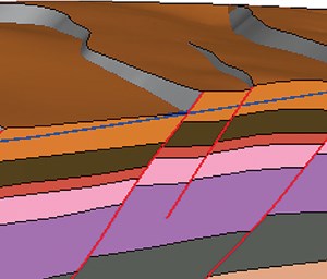 Fig. 5. A three-dimensional view of the earth model. The blue line shows the wellbore’s exit through the roof and the re-entry at the base of the reservoir.