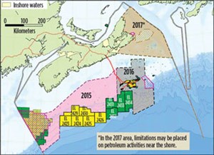 Fig. 6. This map shows the completed 2015 licensing area, as well as the planned area for 2016’s round, and the expected tracts for the 2017 Call for Bids. Map: Canada-Nova Scotia Offshore Petroleum Board.