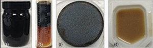 Fig. 6. Sludge treatment: (a) filtrate collected during the test; (b) filtrate separation after 1 hr; (c) aloxite disc after rinsing with water; and (d) residual solids dispersed in water.