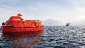 Fig. 2. Phase One of the study evaluated whether people could survive in a lifeboat or life raft in polar waters for up to 24 hr, wearing different levels of thermal protection. Image: Jan Erik Jensen.