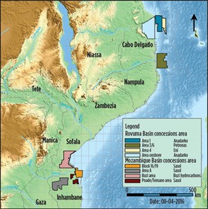 Fig. 4. The Republic of Mozambique has been the highlight of East African E&amp;P, particularly in Anadarko’s Rovuma basin Area 1 and Eni’s Area 4. Source: Instituto Nacional de Petroleo (INP) Mozambique.
