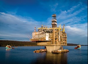 Fig. 2. The operator and partners spent the back half of April and all of May, readying the Hebron platform for its tow-out to the field site. Photo: ExxonMobil Canada Properties.