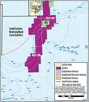 Fig. 6. In June 2017, Sector NL02-SEN was identified by the C-NLOPB as a new basin that will be included in the 2020 Call for Bids, pending regulatory approval.