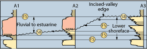 Fig. 5. The two sandstones in Wells A-1 and A-2 were deposited after and do not correlate to the lower shoreface sands in Well A-3.