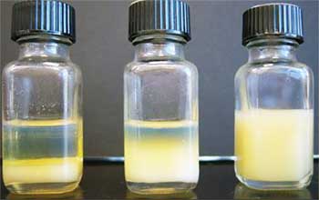 Pour point (and dispersion) properties. From left to right: 5,000-ppm esterified copolymer, 5,000-ppm maleic anhydride and 36,000-ppm incumbent solvent. 