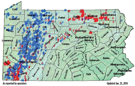 Fig. 1. Marcellus (red) and non-Marcellus (blue) wells drilled a) in 2009 and b) in 2010. Images courtesy of the Pennsylvania Department of Environmental Protection.