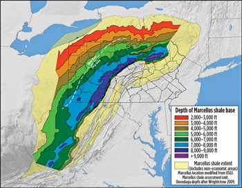 Fig. 2. Depth of the Marcellus shale base. Image courtesy of the Penn State Marcellus Center for Outreach and Research.