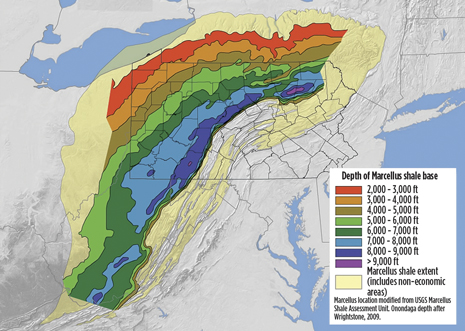 The Marcellus shale is now the most productive gas-producing play in the U.S. Map courtesy of Marcellus Center for Outreach and Research, Penn State University.