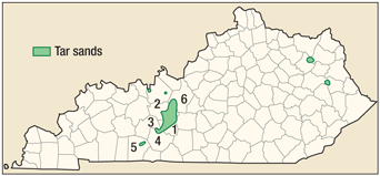 Map of Kentucky with county boundaries illustrating bitumen-impregnated sandstones, modified from Kentucky Geological Survey website. Important counties noted in text include 1) Edmonson, 2) Grayson, 3) Butler, 4) Warren, 5) Logan and 6) southern Hardin. 
