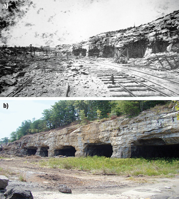 Views of an asphalt rock quarry with tunnels (adits) associated with room and pillar mine