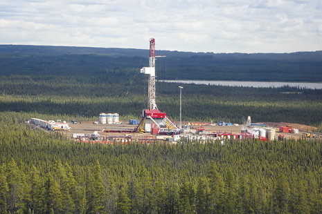 Although Canadian gas drilling, overall, has declined, some projects continue to thrive. For example, Nexen is actively drilling for shale gas in northeastern British Columbia. Pictured below is Nexen's b-77-H, 18-well pad site at Dilly Creek in the Horn River basin. Nexen began drilling at the site in early July 2011. 