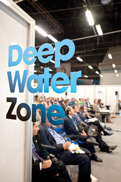 Attendees at Offshore Europe 2011 listen to a presentation at the biennial conference’s Deep Water Zone, which will be featured for the second time in 2013.