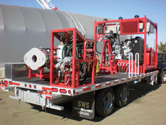 Fig. 1. Mitey Titan’s compact snubbing unit is shown here in the trailer configuration, which can be pulled by a 1-ton pickup truck. The flat deck includes a fluid containment system to minimize uncontrolled spills. The snubbing unit comes with a choice of annular BOP with adaptor spool or an RS stripping head and hanger flange combination. The operator controls can be set up on the truck deck, rig floor or other safe location.