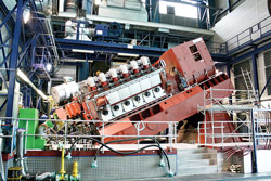 The MaK 12-cylinder M 32 C engine, shown here on a test bed, is designed for use in the dynamic positioning systems of floating rigs.