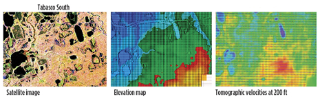 Fig. 7. Tomographic velocity maps show marked correlation with the satellite image and elevation map 