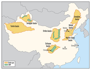 Fig. 1. Location of China’s primary shale and CBM basins. Source: U.S. Energy Information Administration (EIA)