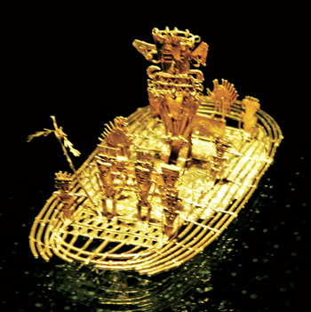 A representation in gold of the ceremonial barge used by the tribal chief and shamans during the sacrifice of their gold objects to appease the Gods. Source: Museo Del Oro in Bogota, Colombia.