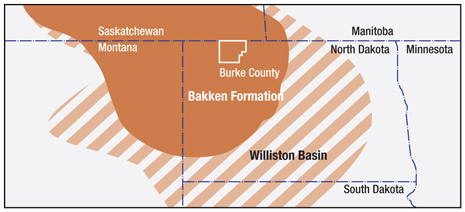 Map of the Bakken Formation in the Williston Basin showing Burke County, North Dakota, where the case study well was drilled.