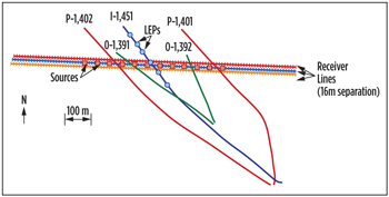 Fig. 4. The seismic detectors are along the 1.1-km long black lines, the sources are indicated by the red stars. The injector well is in blue, the producer wells in red and the observation wells in green.