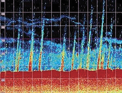 Sonar image of methane plumes rising from the Arctic Ocean floor. Source: National Oceanography Centre, Southampton.