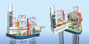 Fig. 5. Huisman’s rotating cantilever concept (top) rotates around a fixed point on the deck box and is combined with its multi-purpose drilling tower, instead of a conventional derrick. By rotating the cantilever (bottom), as opposed to skidding it transversely, the result is a large drilling envelope without sacrificing deck space.