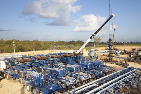 A Schlumberger HiWAY fracing configuration  at a BHP Eagle Ford location. Photo courtesy of BHP Billiton Petroleum.
