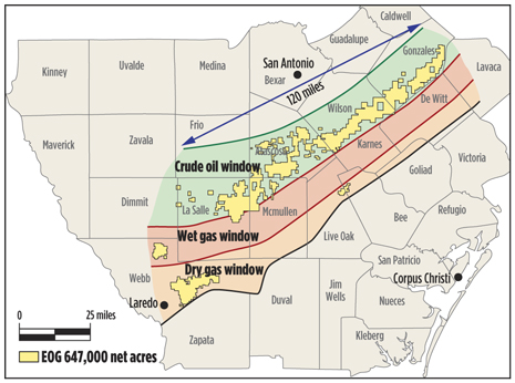 Fig. 4. EOG Resources’ acreage position in the Eagle Ford oil, wet gas and dry gas windows. Courtesy of EOG Resources Inc.