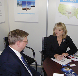 Oklahoma Governor Mary Fallin visits with World Oil Executive Editor Kurt Abraham at the state’s pavilion, at the Global Petroleum Show in Calgary.