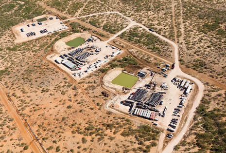Fracturing spread on an SM Energy well site near Cibolo, Texas, where Sanjel fracing crews used recycled water. Fracturing spread on an SM Energy well site near Cibolo, Texas, where Sanjel fracing crews used recycled water.