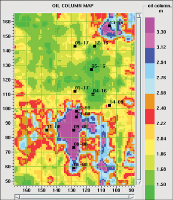 This map of estimated oil column height is created by multiplying the sand reservoir thickness, determined from the PP and PS seismic volumes, by porosity and average oil saturation (75%).