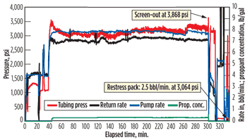 Fig. 4. Tubing pressure and flowrates over time during the gravel-pack operation for well NWU 73-29i.