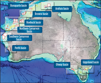 Fig. 1. Australia’s offshore acreage available for leasing in 2011 encom-passes nine basins and 29 areas. Image courtesy of the Australian Department of Resources, Energy and Tourism.