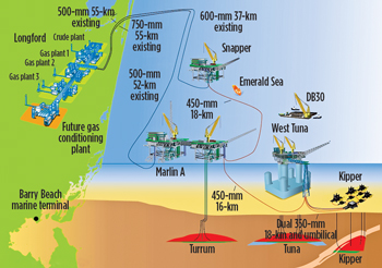 Fig. 3. Installation of the Marlin-B platform and Kipper subsea wells during 2011 will help ExxonMobil produce from Turrum, Tuna and Kipper fields and extend the life of the Bass Strait project. 