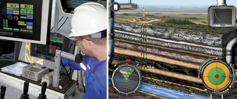 Driller interacts with the Performance Advisory System rig floor display (left) with a close-up view of the drilling recommendations patterned after game applications. Driller interacts with the Performance Advisory System rig floor display (left) with a close-up view of the drilling recommendations patterned after game applications.