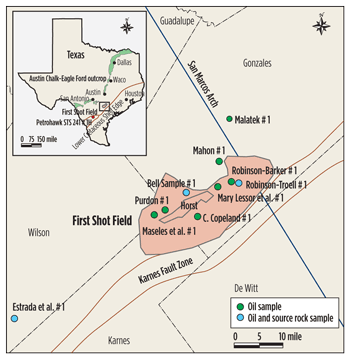 Fig. 1. Location map showing the First Shot field area and geochemical sample locations. The location of the Lower Cretaceous Shelf Edge is after Galloway et al. (2000)3.  Fig. 1. Location map showing the First Shot field area and geochemical sample locations. The location of the Lower Cretaceous Shelf Edge is after Galloway et al. (2000)3.