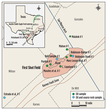 Fig. 1. Location map showing the First Shot field area and geochemical sample locations. The location of the Lower Cretaceous Shelf Edge is after Galloway et al. (2000)3. 