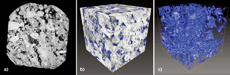 Fig. 1. a) A single 4-mm CT slice showing pores and calcite, with total sample porosity of 22.6%. b) A 1-mm 3D cube showing porosity in blue. c) The full pore structure of the cube.