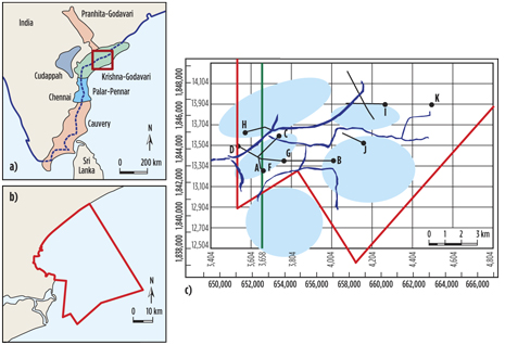 Fig. 1. The Krishna-Godavari basin is both onshore and offshore India’s East Coast (a, b).  A highly-faulted horst and graben structure extends from the Endamuru High eastward to the very deep expansion sub-basement (c ). 