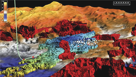 Integration of time-dependent microseismic data with karst and sweet spot geobodies. Image courtesy of Paradigm.