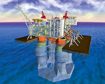 Fig. 3. The Cheviot topsides will be installed onto the Octabuoy dry-tree semi using the floatover technique, which is a rarity for the North Sea. Image courtesy of ATP Oil & Gas.