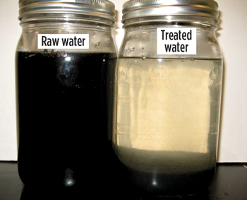 Fig. 3. A visible difference between raw and treated water from a fracturing site.