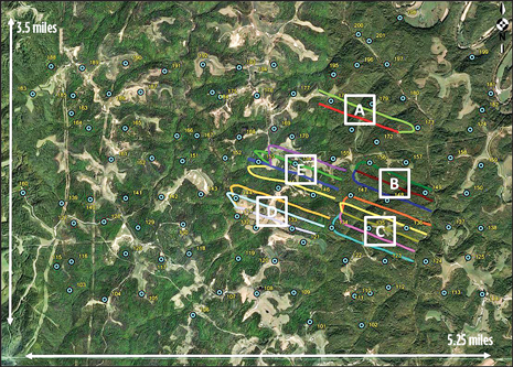 Fig. 1. Map view of surface microseismic monitoring array, with turquoise circles depicting recording stations, and wellpads identified with letters. Fig. 1. Map view of surface microseismic monitoring array, with turquoise circles depicting recording stations, and wellpads identified with letters.