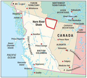 The Horn River Shale play extends from the northeastern corner of Canada’s British Columbia province into a southern portion of the Northwest Territories province.